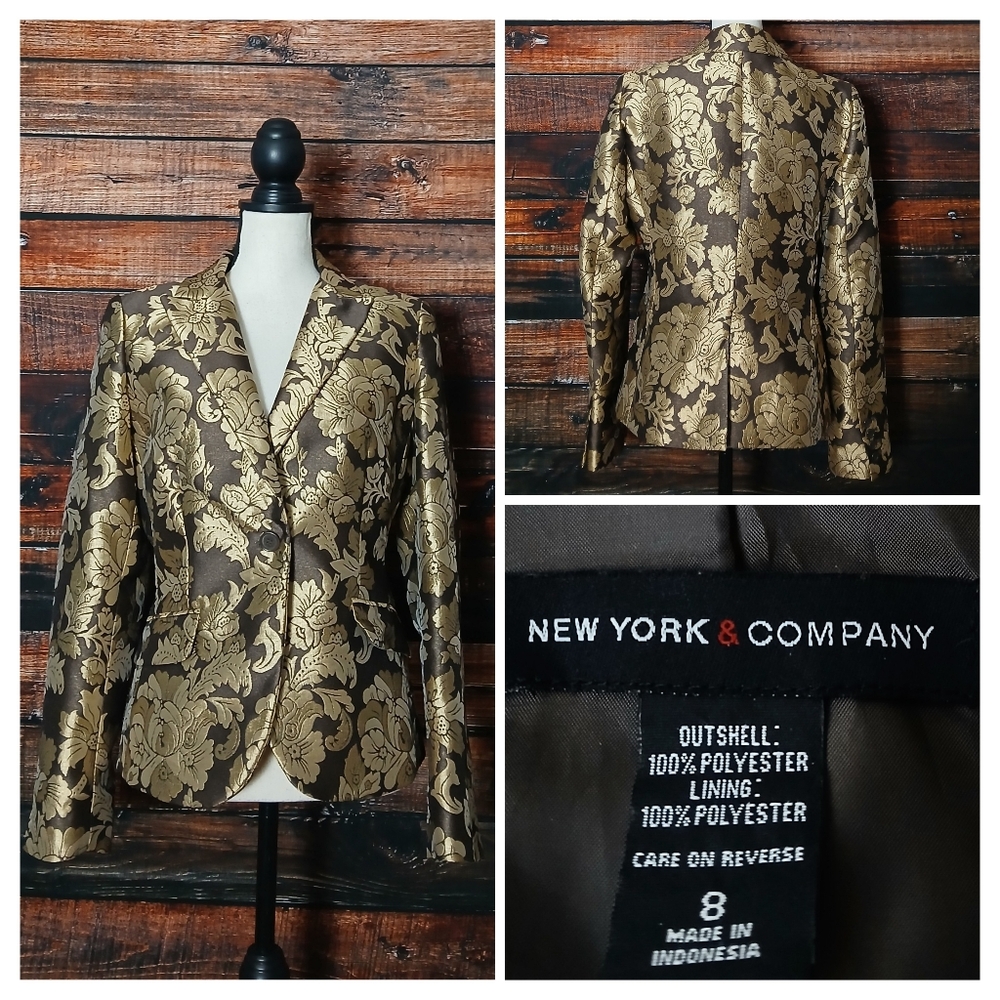 New York & Company Blazer Jacket 8 Brown Gold Jacquard